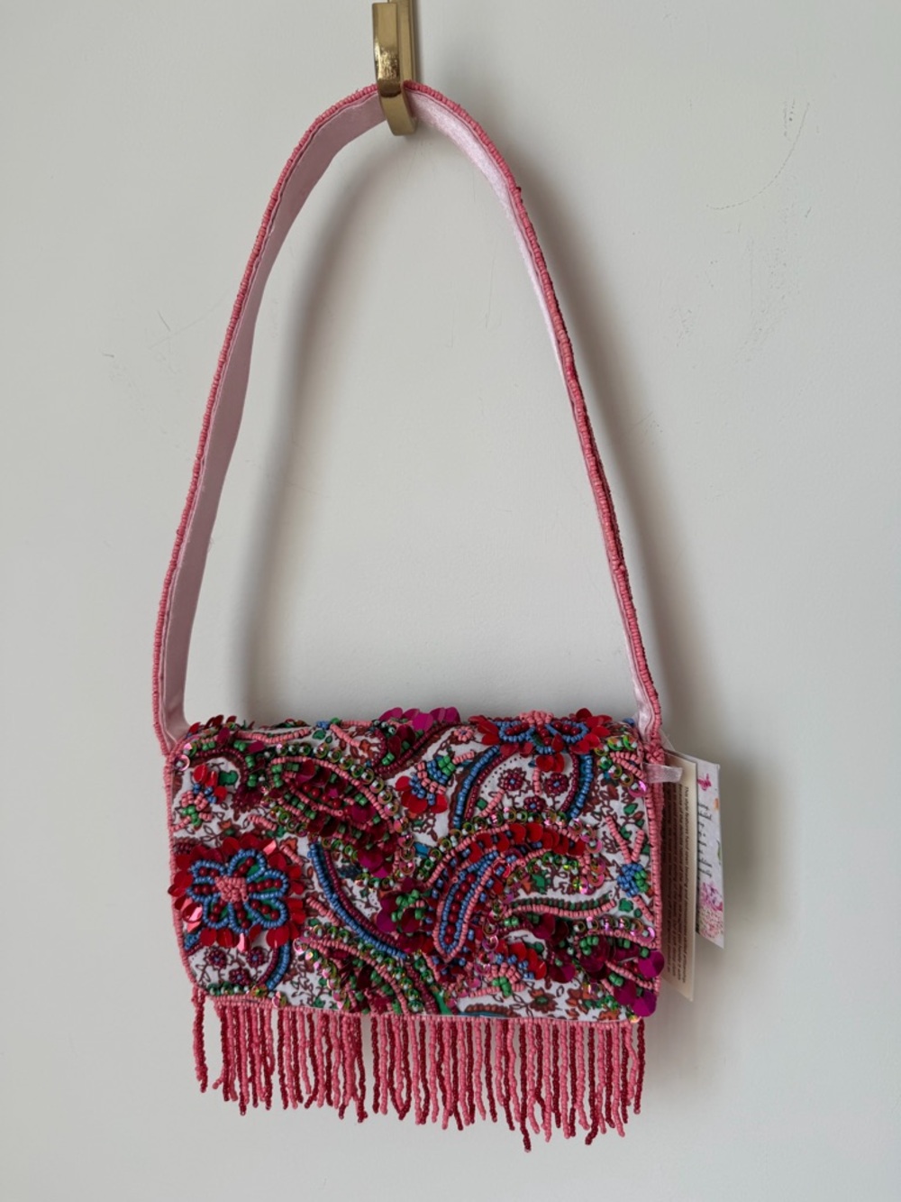 Viral Beaded pink Paisley sequins Fringe Shoulder Bag